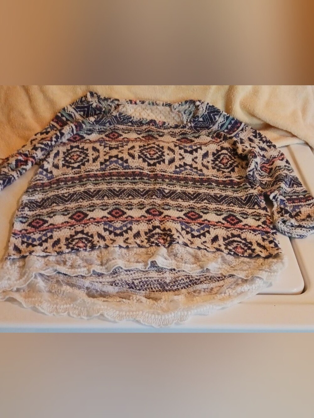Lace-Hem Aztec Knit Top
